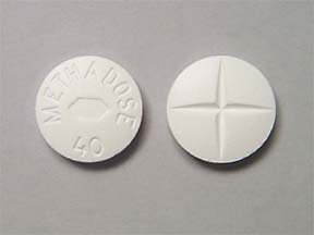 Methadone 40 mg UK tablet displayed in close-up view showing the tablet shape, colour, and identifying markings.