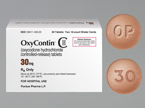 Brown round OxyContin 30 mg prolonged-release tablet for UK reference, marked “OP” with the strength “30”