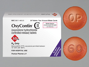 OxyContin 60 mg prolonged-release tablet for UK reference, marked “OP” with the strength “60”