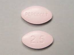 Front and back of a pink oval Percocet 2.5/325 mg tablet for UK reference